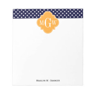 Navy Wt Polka Dot Cantaloupe Quatrefoil 3 Monogram Notepad