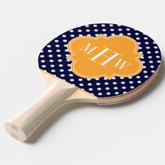 Navy Wt Polka Dot Cantaloupe Quatrefoil 3 Monogram Ping Pong Paddle (Front Angle)
