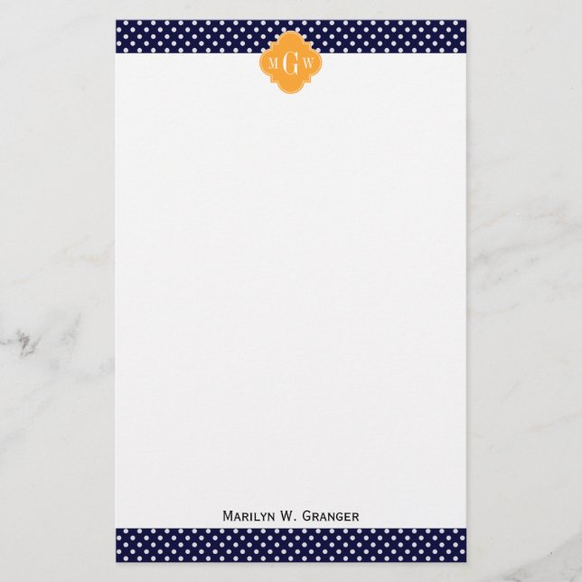 Navy Wt Polka Dot Cantaloupe Quatrefoil 3 Monogram Stationery (Front)