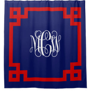 Navy Wt Vine Monogram DIY BG & Red Greek Key Frame Shower Curtain
