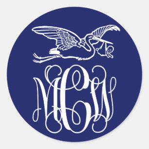 Navy Wt Vine Monogram Font Stork New Baby DIY BG Classic Round Sticker