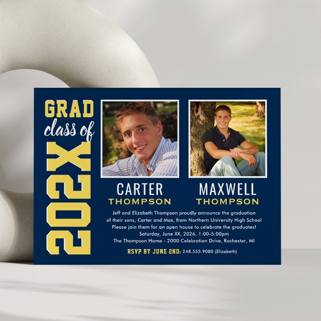 Navy Yellow 2026 Photo Double Graduation Party Invitation (Creator Uploaded)