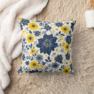 Navy, Yellow and Grey Floral Cushion