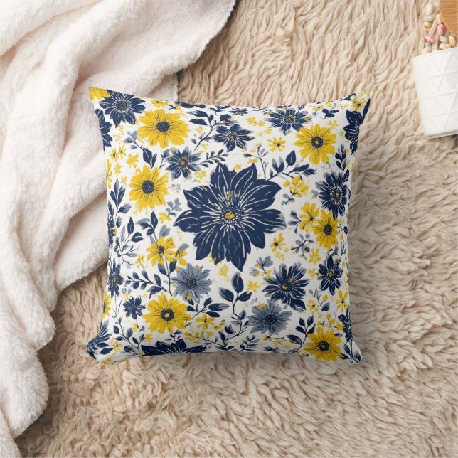Navy, Yellow and Grey Floral Cushion (Blanket)