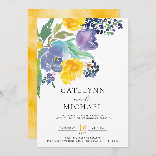 Navy Yellow and Purple Bright Floral Wedding Invitation (Front/Back)