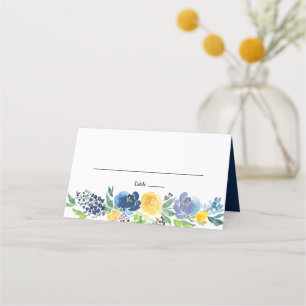 Navy Yellow and Purple Bright Floral Wedding Place Card