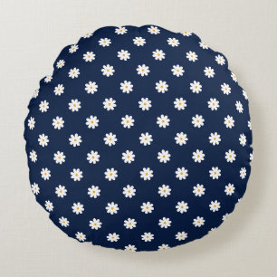 Navy, Yellow and White Daisies Pattern Round Cushion