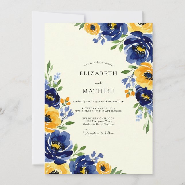 Navy Yellow Artistic Spring Wedding Invitation (Front)