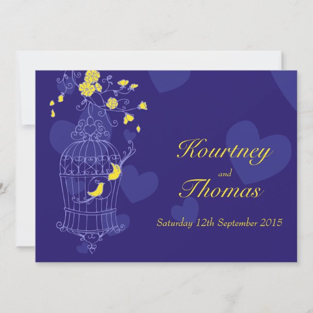 Navy & yellow birds open cage wedding invitation (Front)