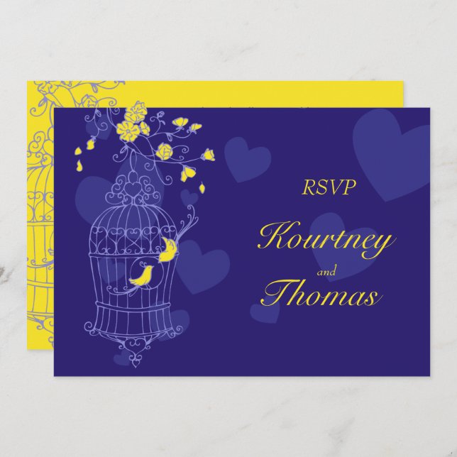 Navy yellow birds open cage wedding RSVP Invitation (Front/Back)
