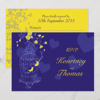 Navy yellow birds open cage wedding RSVP