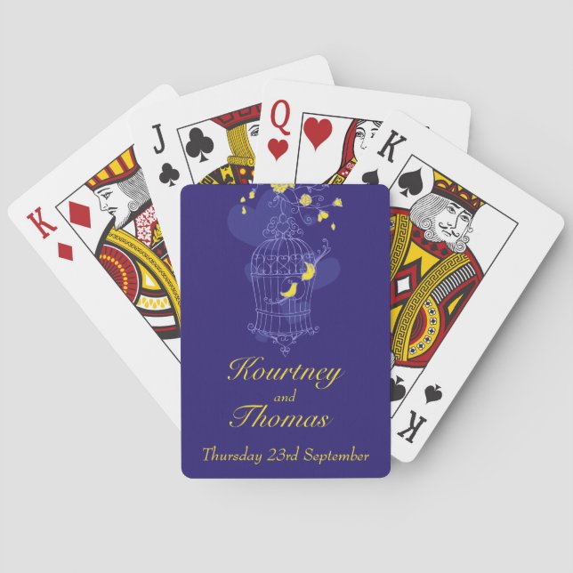 Navy & yellow birds wedding name playing cards (Back)