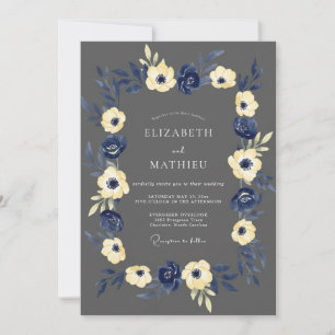 Navy Yellow Blossom Rustic Wedding Invitation
