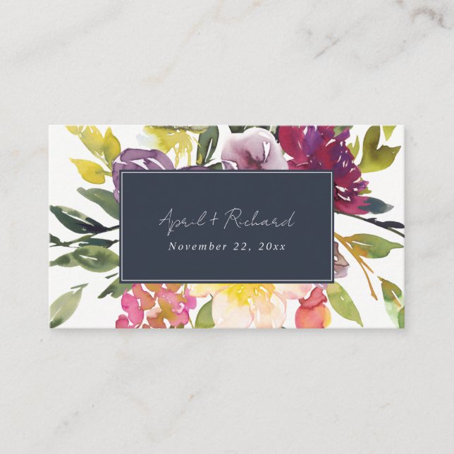 NAVY YELLOW BLUSH BURGUNDY FLORAL WEDDING WEBSITE BUSINESS CARD (Front)