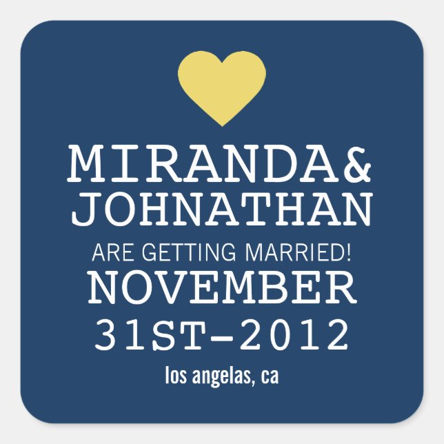 Navy & Yellow Bold Heart Save The Date Stickers (Front)
