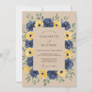 Navy Yellow Botanical Romance Wedding Invitation