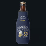 Navy Yellow Cheers And Beers Any Age Birthday Bottle Cooler<br><div class="desc">Stylish cheers and beers to 50 years typography design in navy blue,  yellow and white,  Custom it with your own text,  fun and unique,  great for any age birthday gift idea for men,  or anniversary party favours for any occasion.</div>
