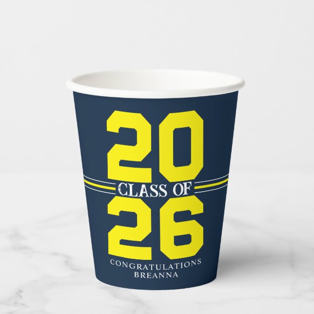 Navy & Yellow Class of Personalised Graduation Paper Cups (Front)