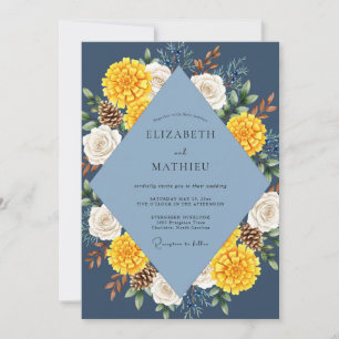 Navy Yellow Dahlia Wedding Invitation