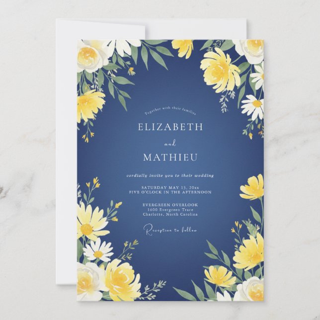 Navy Yellow Daisy Eucalyptus Wedding Invitation (Front)