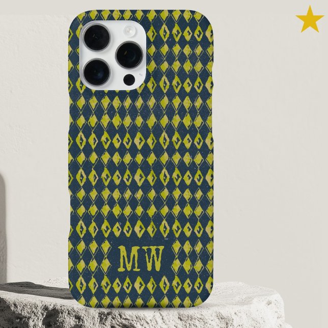 Navy Yellow Doodle Diamond Pattern Custom Monogram iPhone Case (Creator Uploaded)