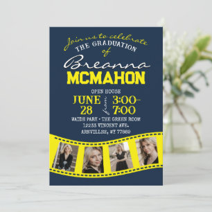 Navy & Yellow Filmstrip 5 Photo Graduation Invitation