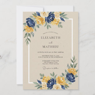 Navy Yellow Floral Arch Wedding Invitation