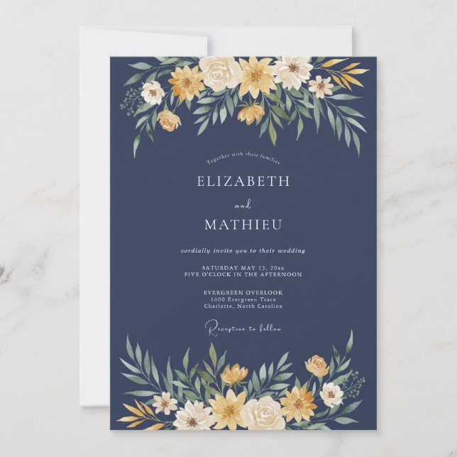 Navy Yellow Floral Flourish Wedding Invitation (Front)