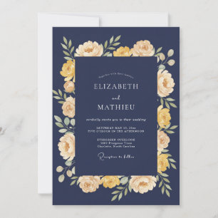 Navy Yellow Floral Romance Wedding Invitation
