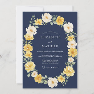 Navy Yellow Floral Wreath Wedding Invitation