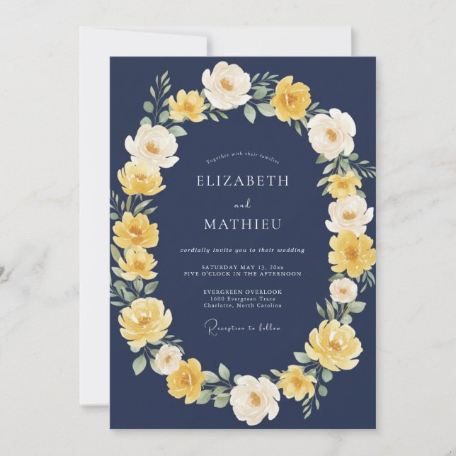 Navy Yellow Floral Wreath Wedding Invitation (Front)