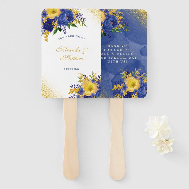 Navy Yellow Gold Paint Peony Wedding Thank You Hand Fan (Front and Back)