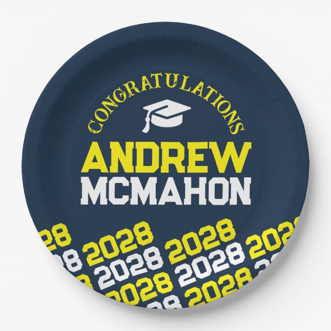 Navy & Yellow Half Repeat Grad Personalised Paper Plate (Front)