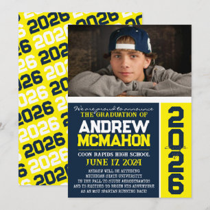 Navy & Yellow Modern Graduation Photo Announcement
