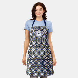 Navy & Yellow Moroccan Floral Pattern Monogram Apron