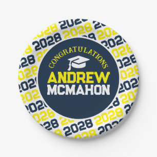 Navy & Yellow on White Graduation Personalised Paper Plate