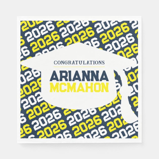 Navy & Yellow Personalised Graduation Cap Paper Napkin (Front)