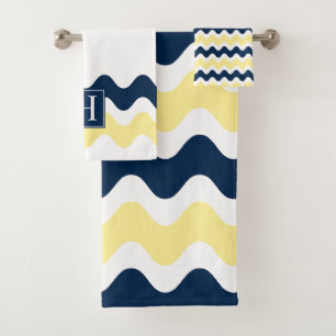 Navy & Yellow Preppy Ric Rac Stripe Bath Towel