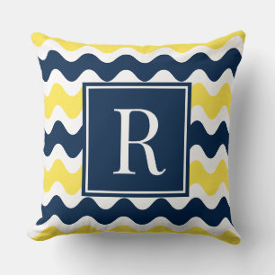 Navy & Yellow Preppy Ric Rac Stripe Monogram Cushion