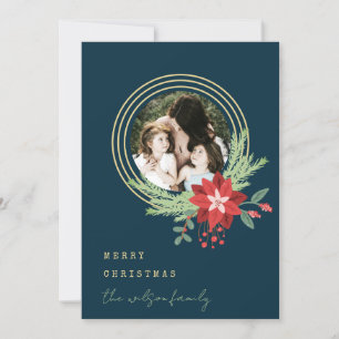 Navy Yellow Red Circle Christmas Photo Poinsettia Holiday Card