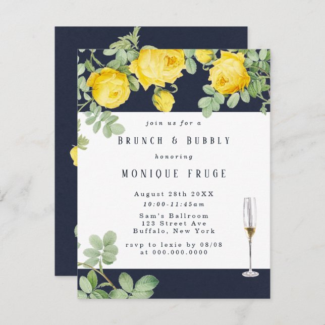 Navy Yellow Rose Rustic Brunch & Bubbly Invites (Front/Back)
