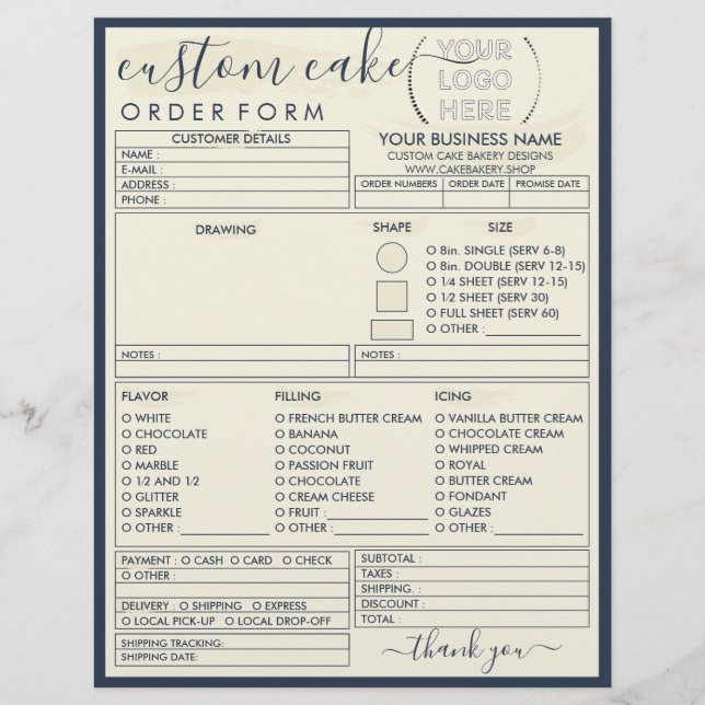 Navy Yellow Simple Modern Bakery Cake Order Form Flyer (Front)