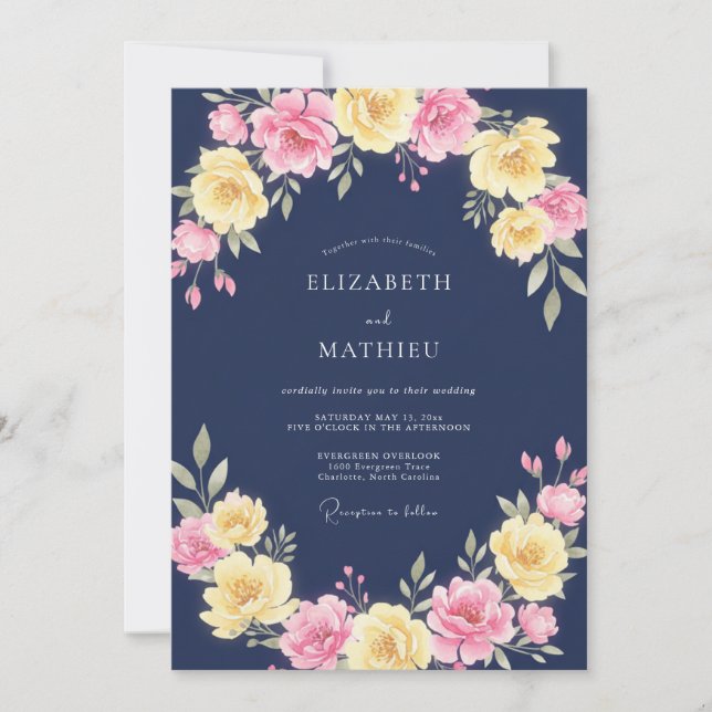 Navy Yellow Vibrant Floral Wedding Invitation (Front)