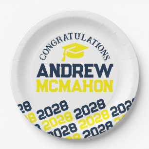 Navy, Yellow & White Personalized Graduation Paper Plate