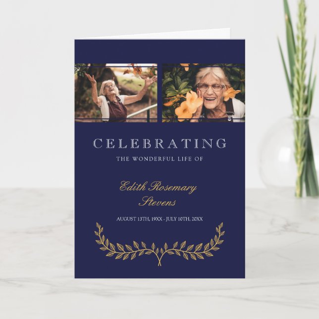 Navy Yellow Wreath Celebrating Life Funeral Programme (Front)