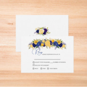 Navy & Yellowish Gold Floral Bouquet Wedding RSVP Card
