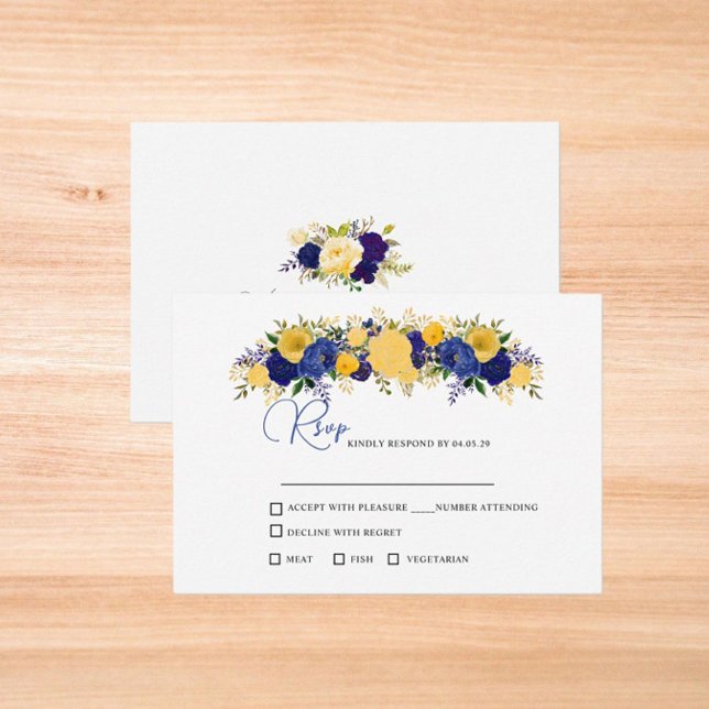 Navy & Yellowish Gold Floral Bouquet Wedding RSVP Card (Creator Uploaded)