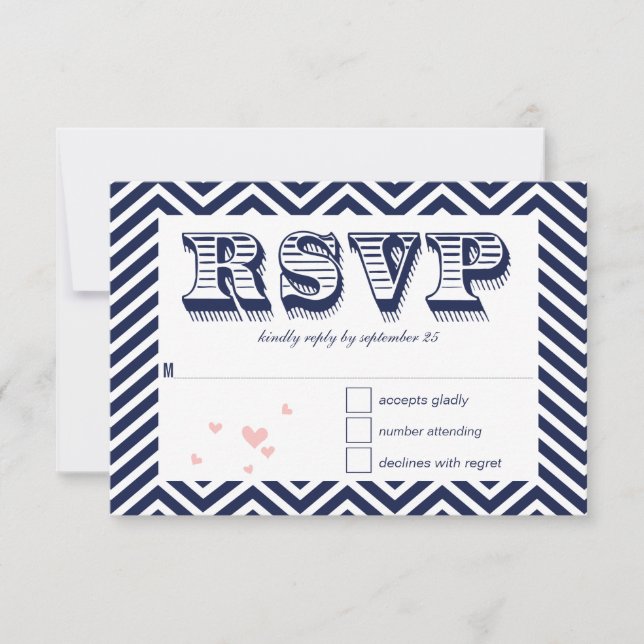 Navy Zig Zag Typography Wedding RSVP Card (Front)