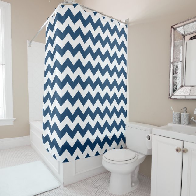 Navy Zigzag, Navy Chevron, Geometric Pattern Shower Curtain (In Situ)