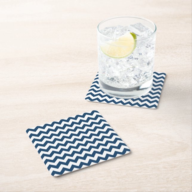Navy Zigzag, Navy Chevron, Geometric Pattern Square Paper Coaster (Insitu)
